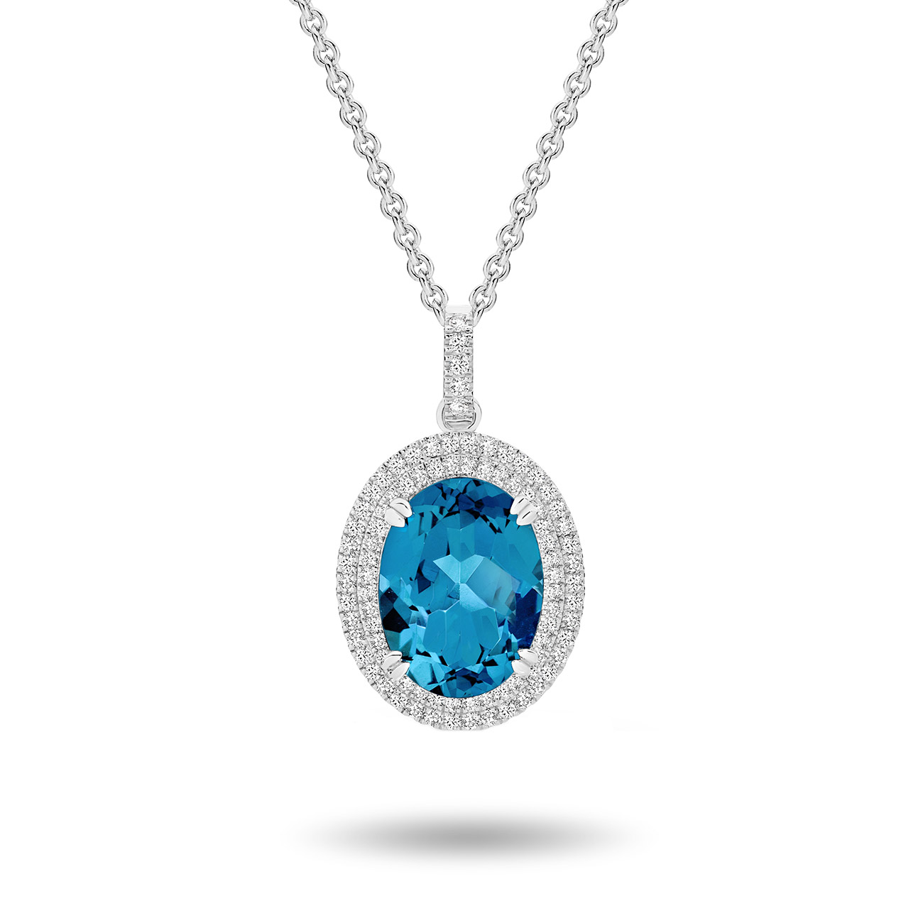 18K White Gold Oval Shape London Blue Topaz &#038; Diamond Double Halo Pendant