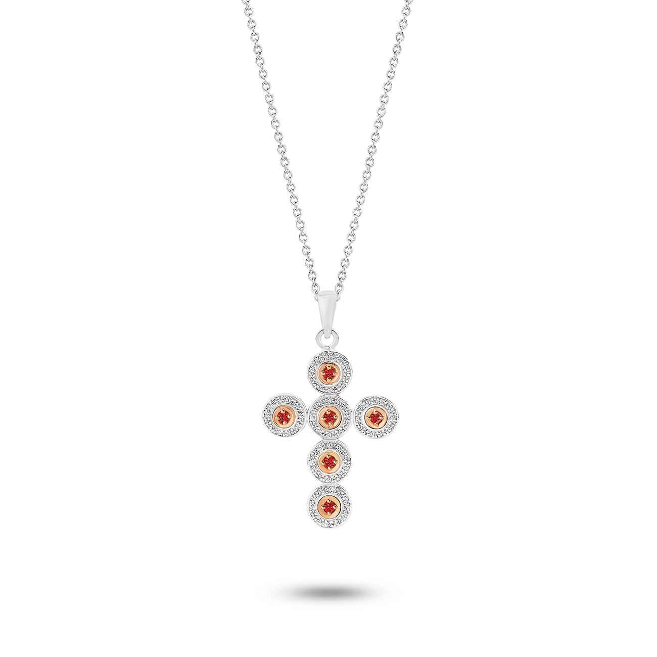 18K Rose &#038; White Gold Ruby &#038; Diamond Halo Cross Pendant &#8211; Small