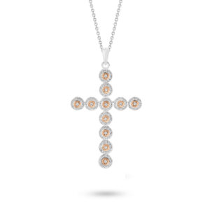 18K Rose & White Gold Diamond Halo Cross Pendant - Large