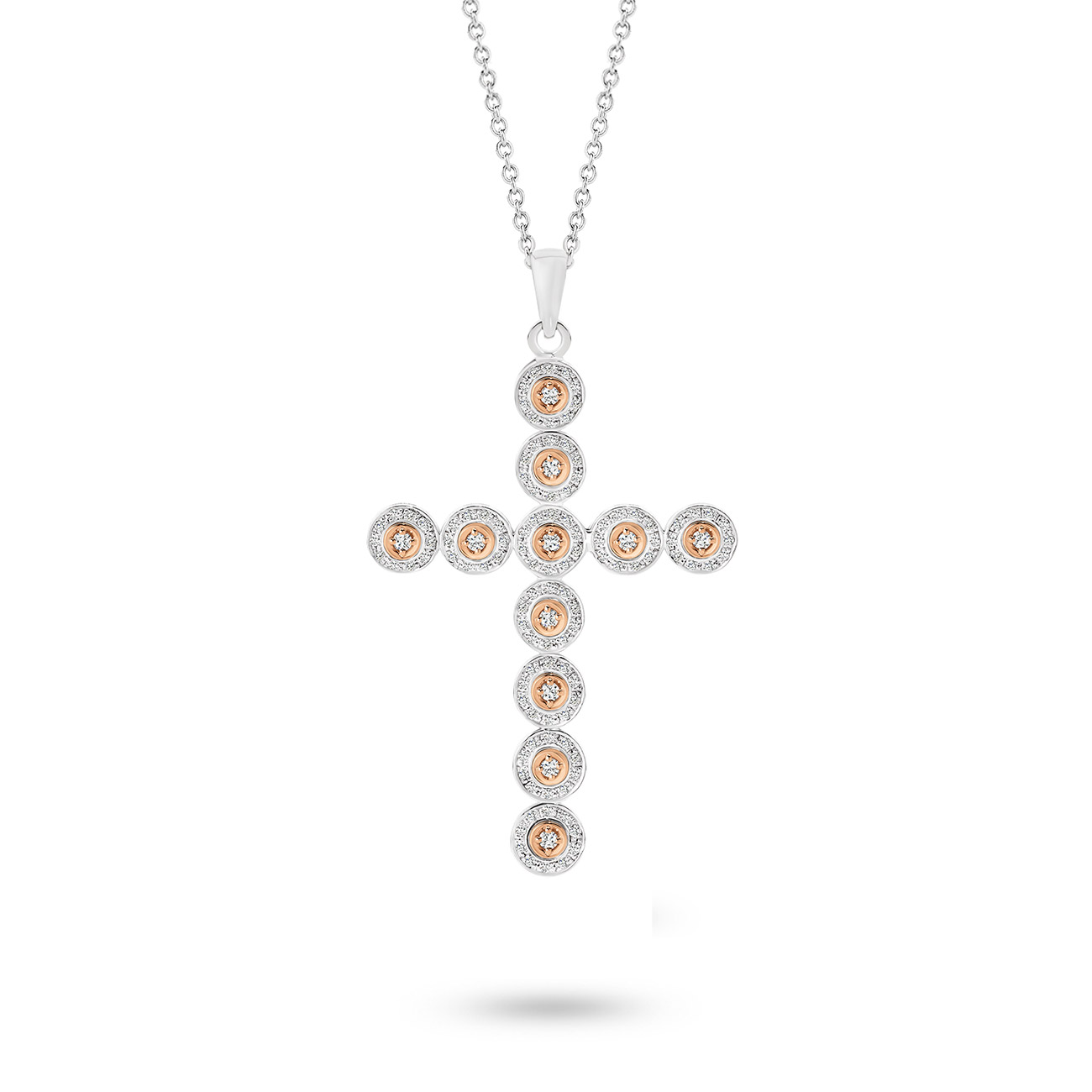 18K Rose &#038; White Gold Diamond Halo Cross Pendant &#8211; Large