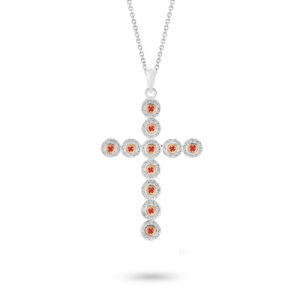 18K Rose & White Gold Ruby & Diamond Halo Cross Pendant - Large