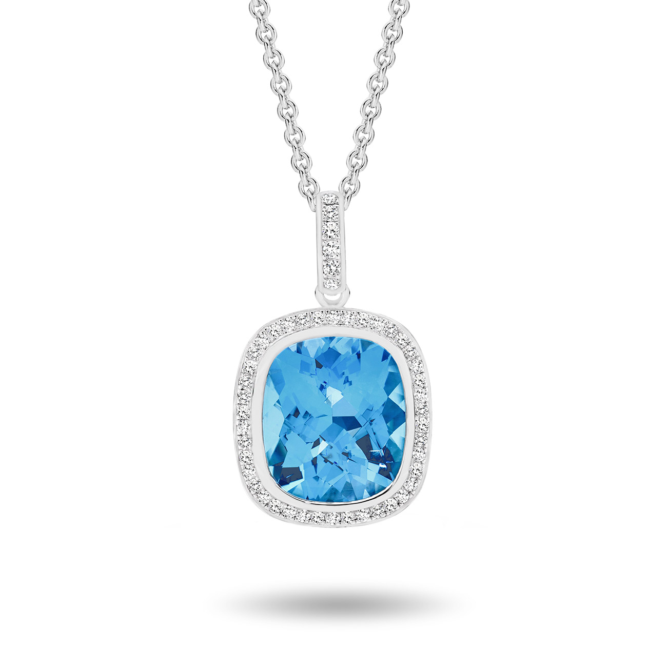 18k White Gold Tycoon Cushion Blue Topaz &#038; Diamond Halo Pendant