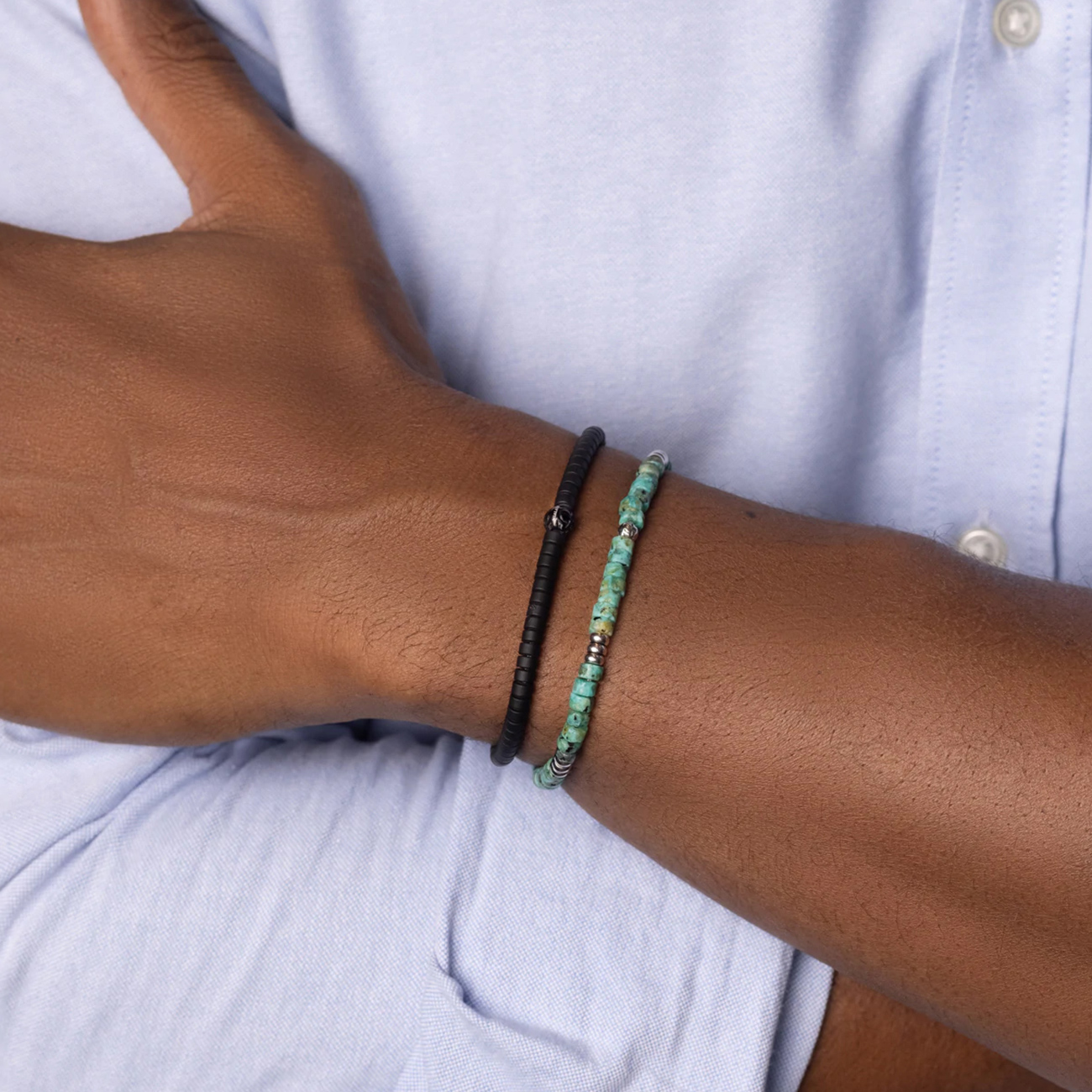 Nialaya Men&#8217;s Wristband with Turquoise Heishi Beads and Silver