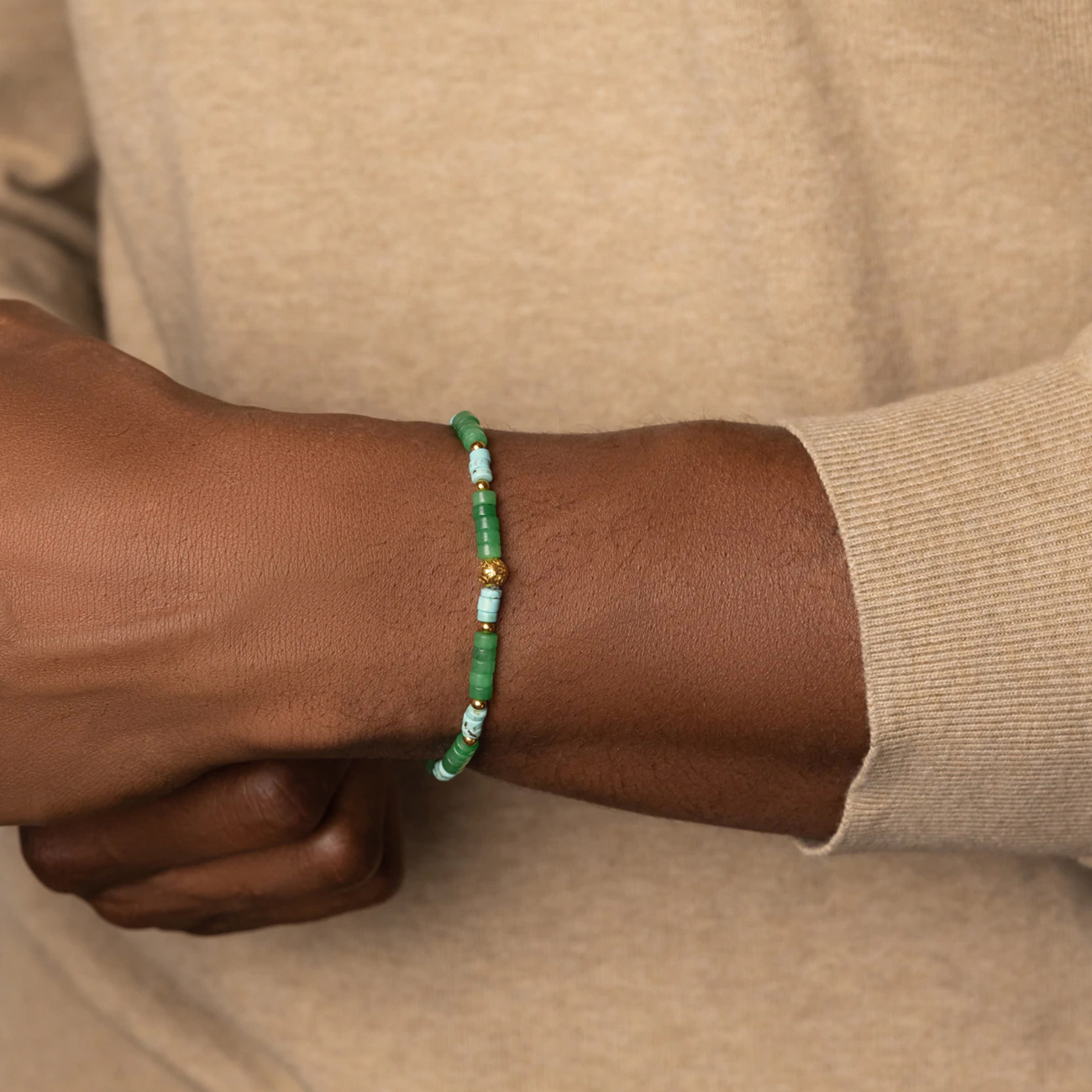 Nialaya Men&#8217;s Wristband with Green Aventurine and Turquoise Heishi Beads
