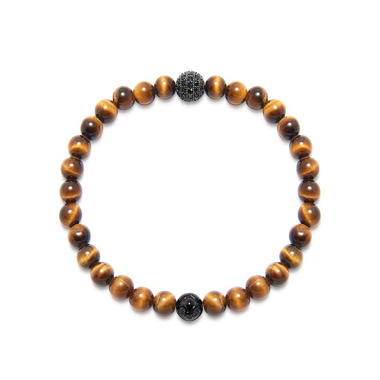 Nialaya Men's Wristband with Brown Tiger Eye and Black CZ