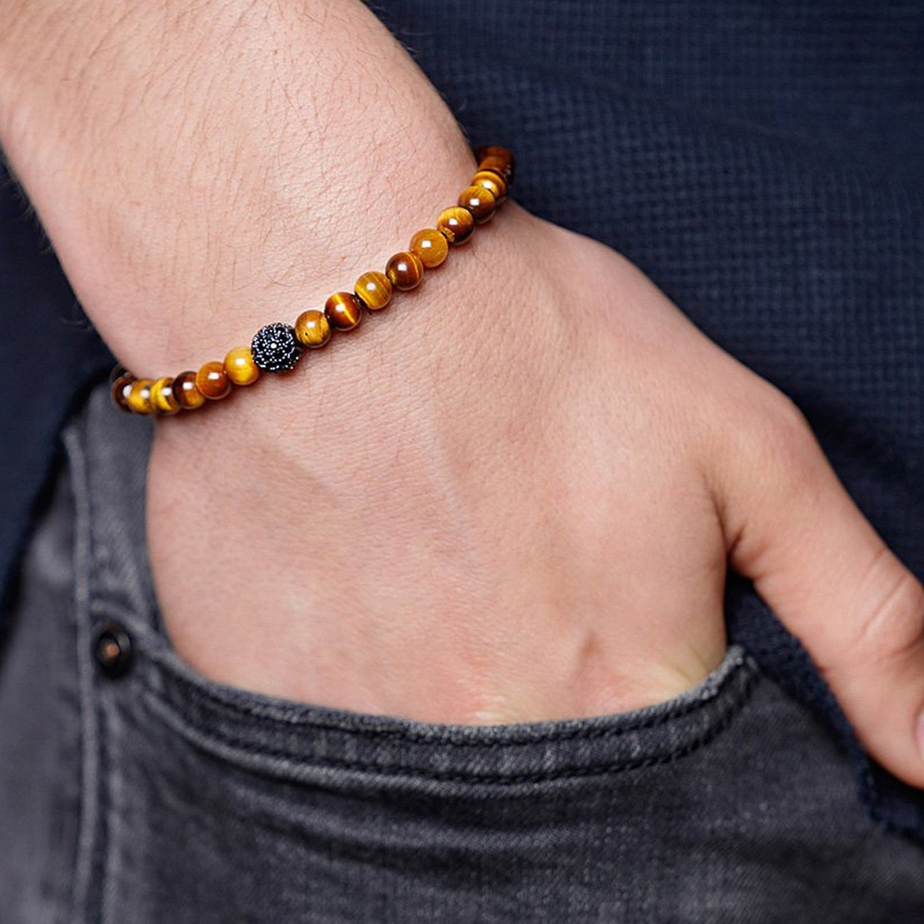 Nialaya Men&#8217;s Wristband with Brown Tiger Eye and Black CZ