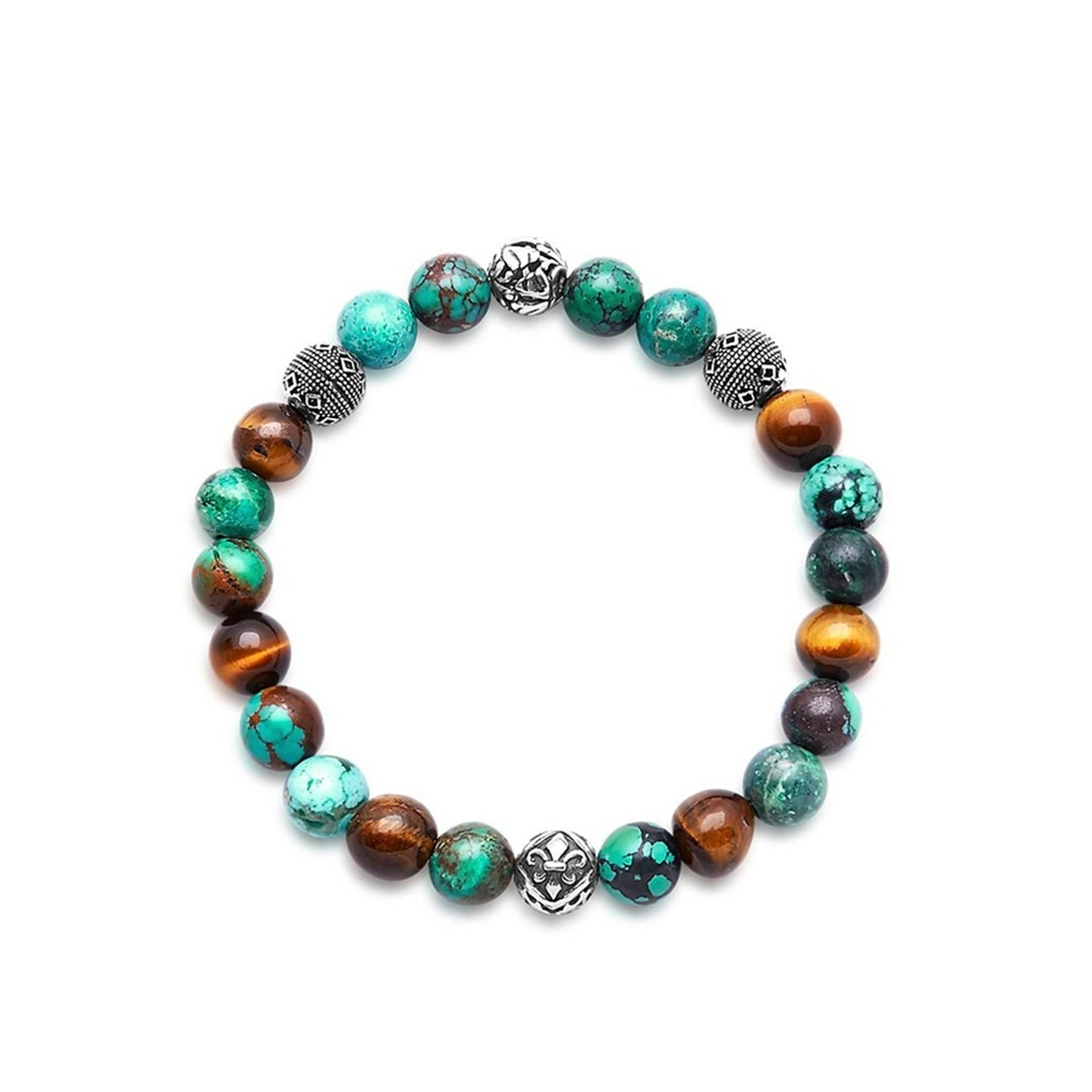 Nialaya Men's Wristband with Bali Turquoise, Tiger Eye and Indian Silver