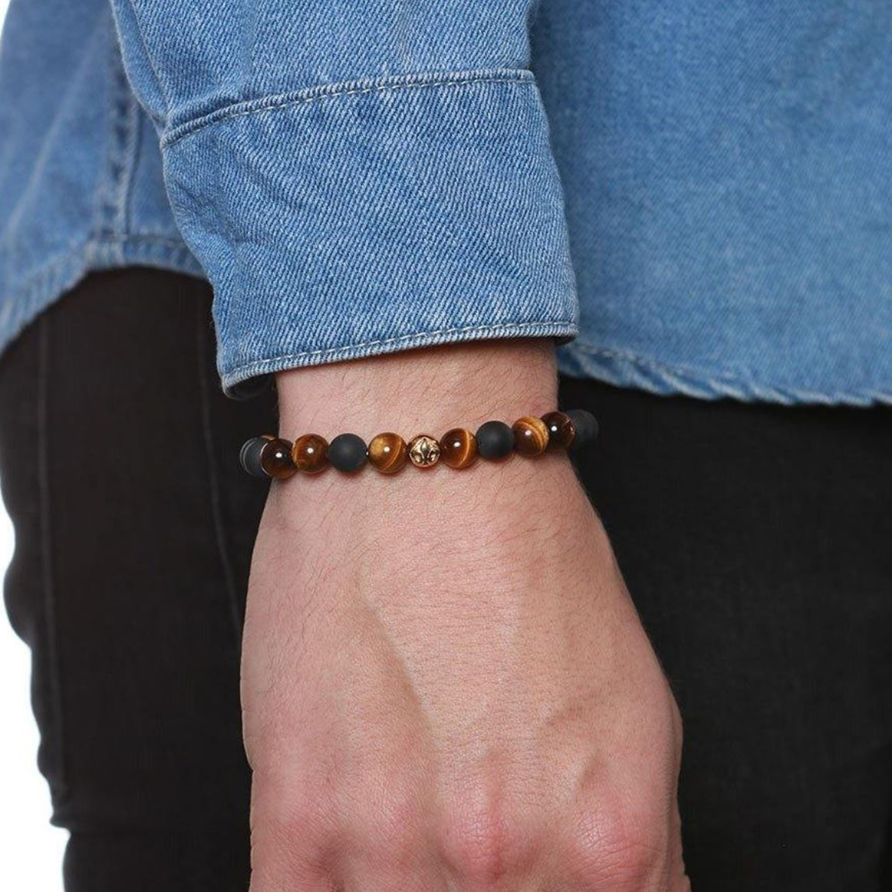 Nialaya Men&#8217;s Wristband with Matte Onyx and Brown Tiger Eye