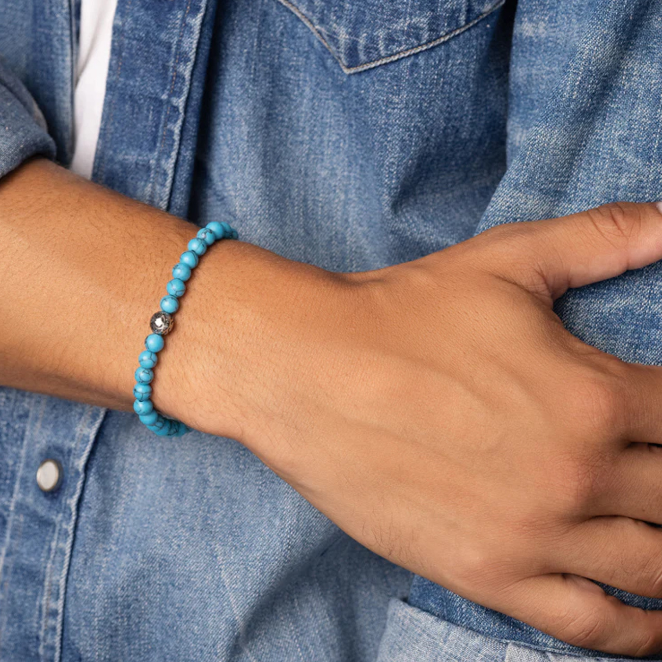 Nialaya Men&#8217;s Wristband with Turquoise and Silver