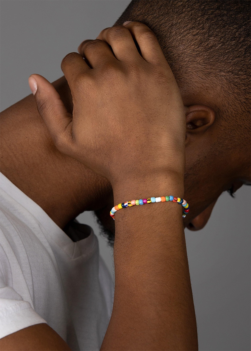 Nialaya Men&#8217;s Wristband with Assorted Vintage Trifocal Beads and Silver