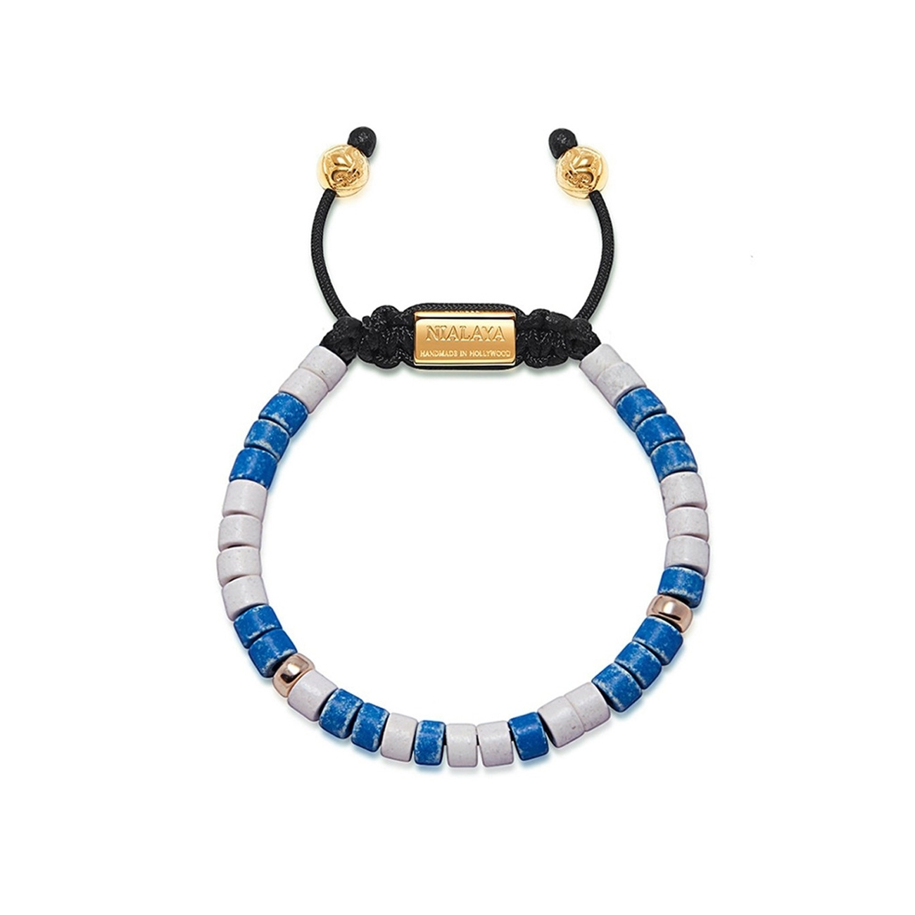 Nialaya Men's Beaded Bracelet With Blue, White and Gold Plated Ceramic Beads
