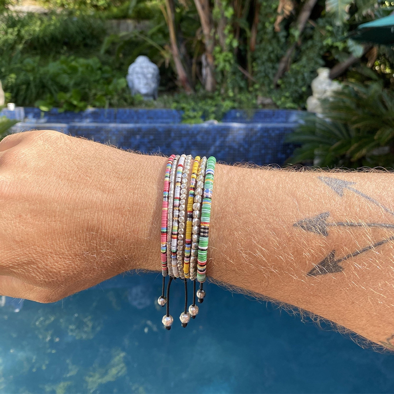 Nialaya Men&#8217;s Beaded Bracelet with Pink Mini Disc Beads