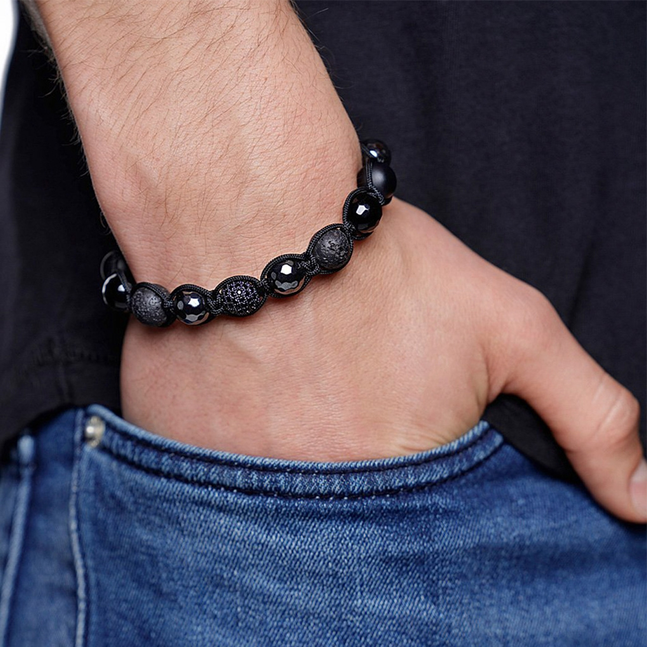 Nialaya Men&#8217;s Beaded Bracelet with Black Stones