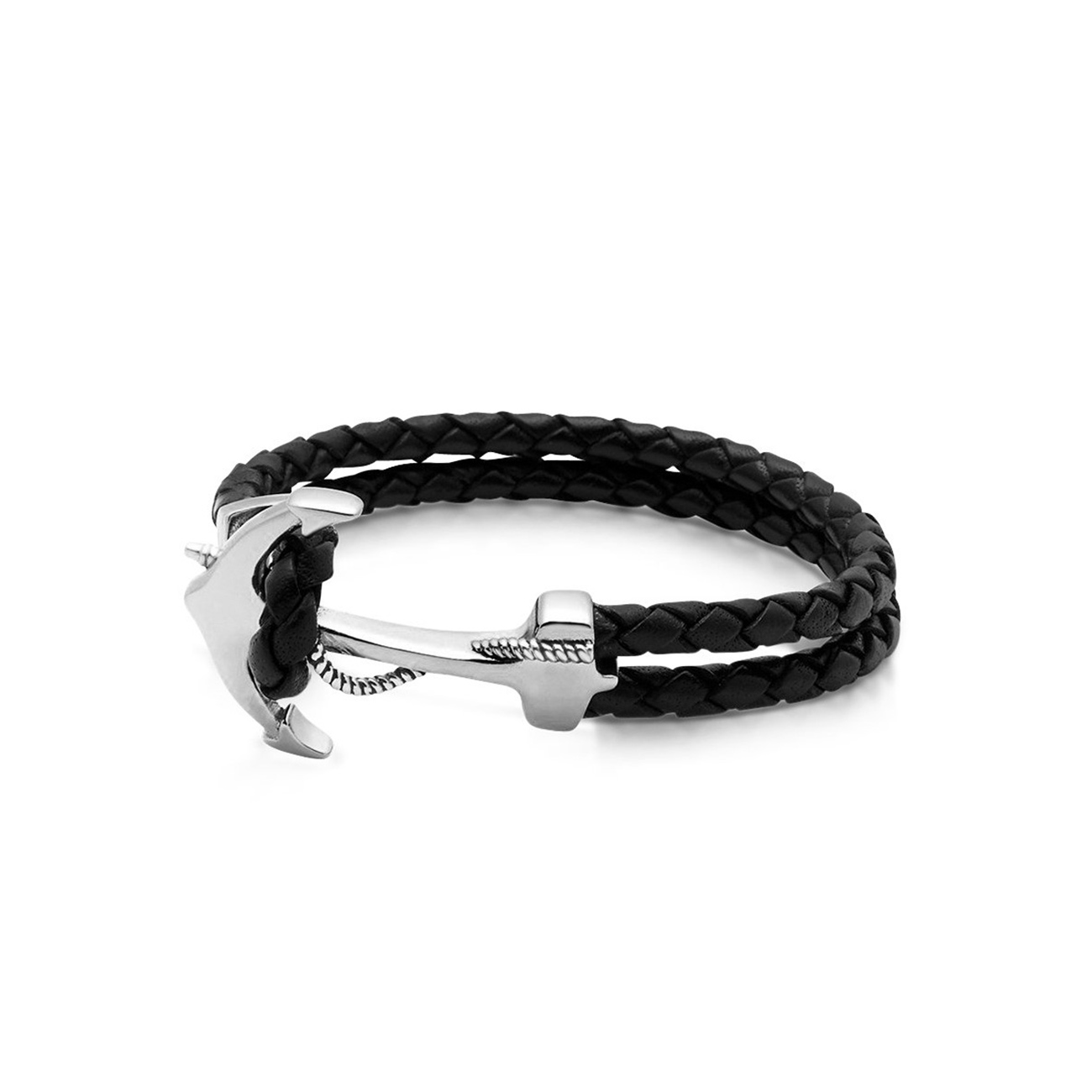 Nialaya Men&#8217;s Black Leather Bracelet with Silver Plated Anchor
