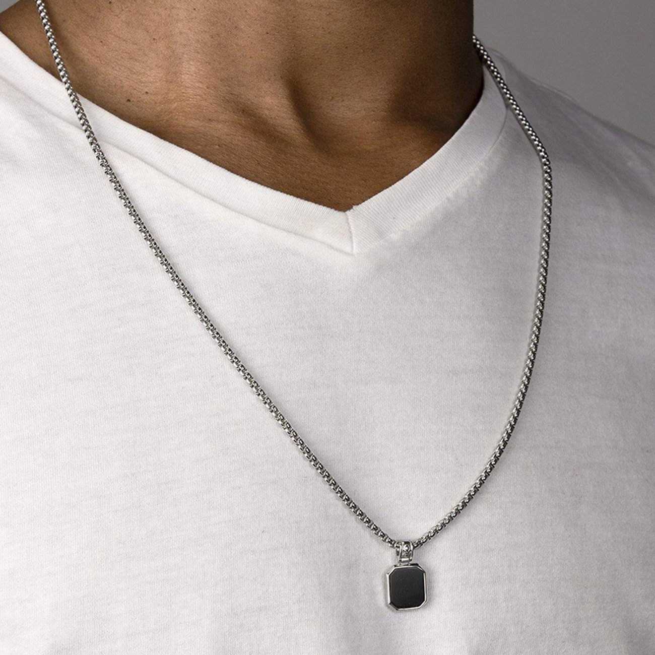 Nialaya Silver Necklace with Square Matte Onyx Pendant