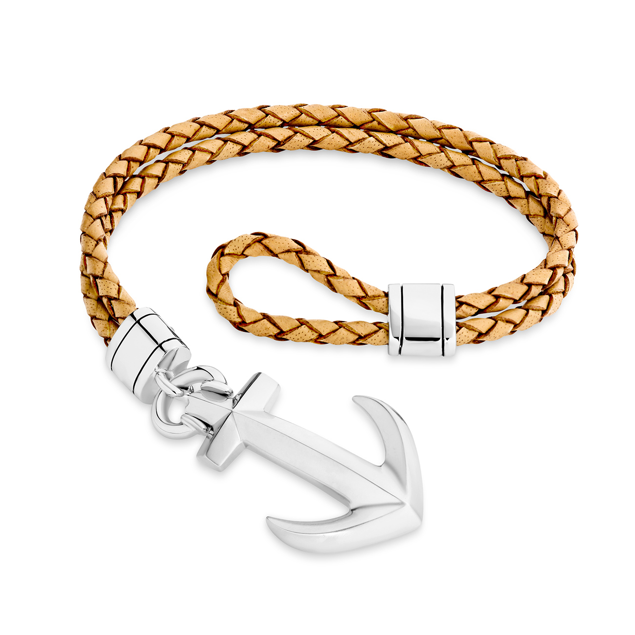 Sterling Silver Anchor Beige Leather Bracelet