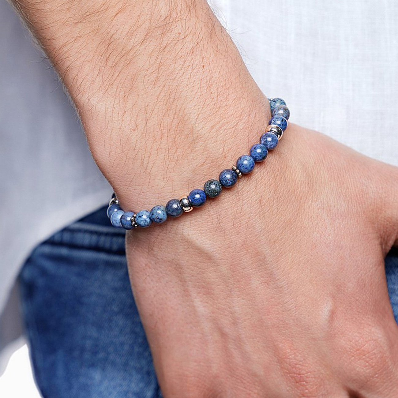 Nialaya Men&#8217;s Beaded Bracelet With Blue Dumortierite And Silver