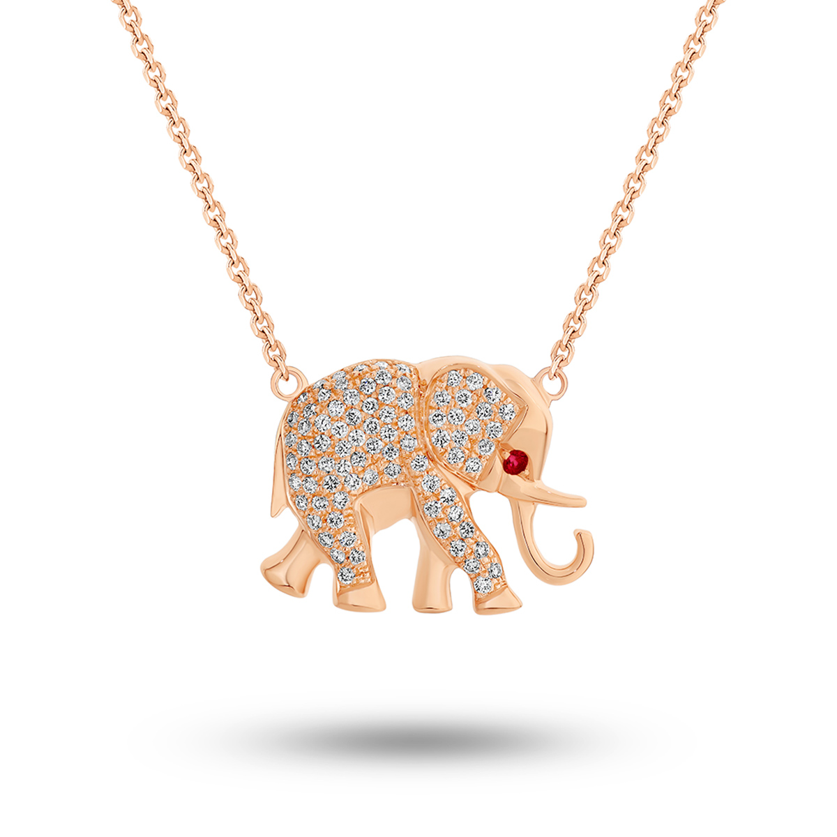 18K Rose Gold Ruby Diamond Elephant Necklace
