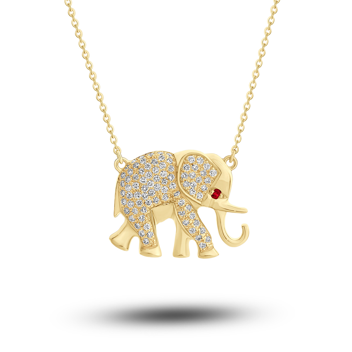 18K Yellow Gold Red Sapphire & Diamond Elephant Necklace