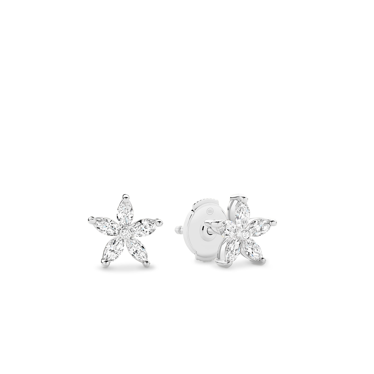 18K White Gold Marquise &#038; Round Brilliant Diamond Flower Stud Earrings