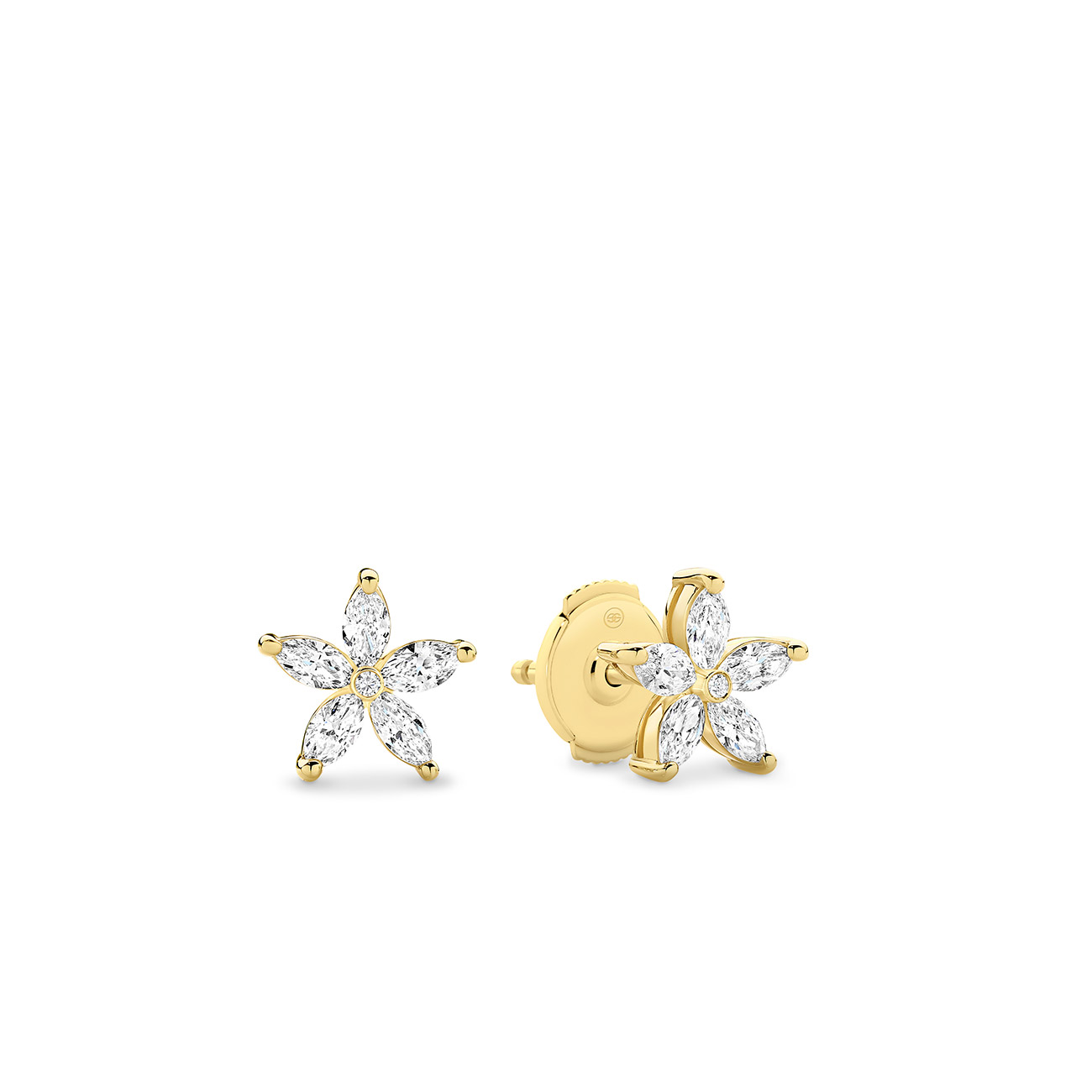 18K Yellow Gold Marquise &#038; Round Brilliant Diamond Flower Stud Earrings
