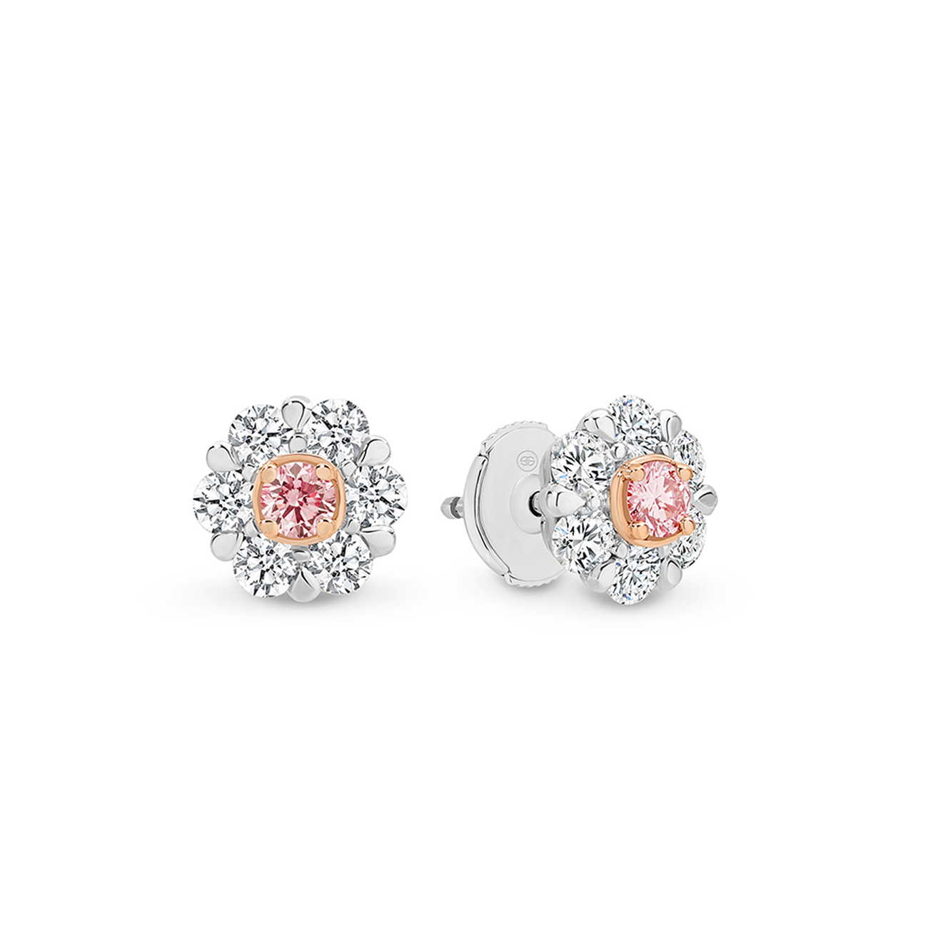 18K Two-Tone White &#038; Pink Diamond Halo Stud Earrings