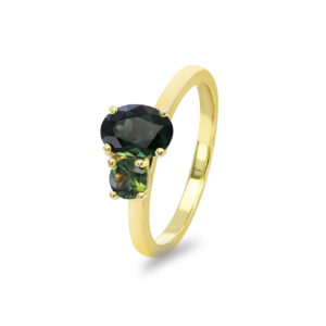 Sheila Toi Et Moi ring in 9k yellow gold with oval teal and round parti sapphires