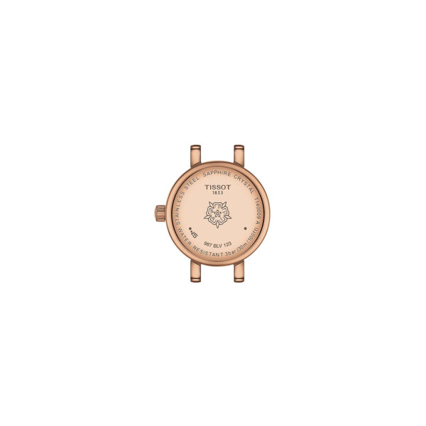 Tissot Lovely Round 19.5mm T1400093311100 with white mother-of-pearl dial, rose gold PVD case, and steel bracelet