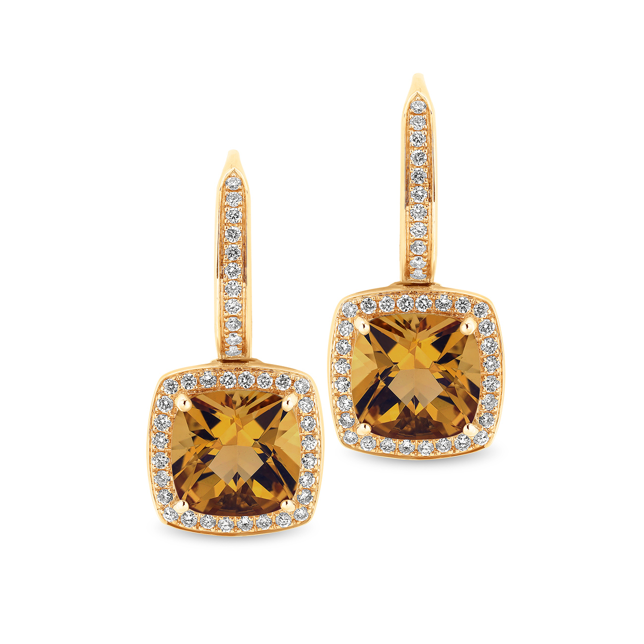 Tycoon Cushion Citrine &#038; Diamond Halo Drop Earrings In 18K Yellow Gold