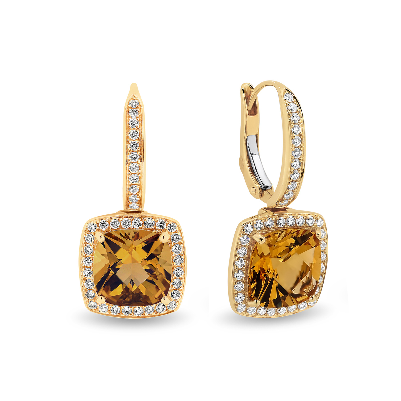Tycoon Cushion Citrine Diamond Halo Drop Earrings In 18K Yellow Gold 0.38ct TW Gregory Jewellers