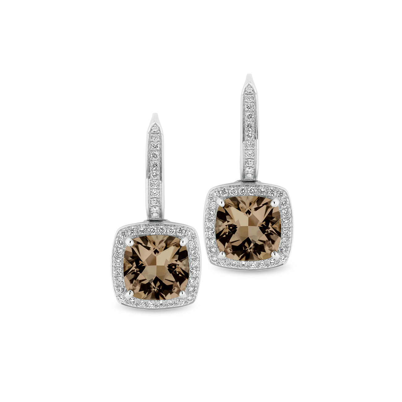 18K White Gold Tycoon Cushion Smokey Quartz & Diamond Halo Drop Earrings