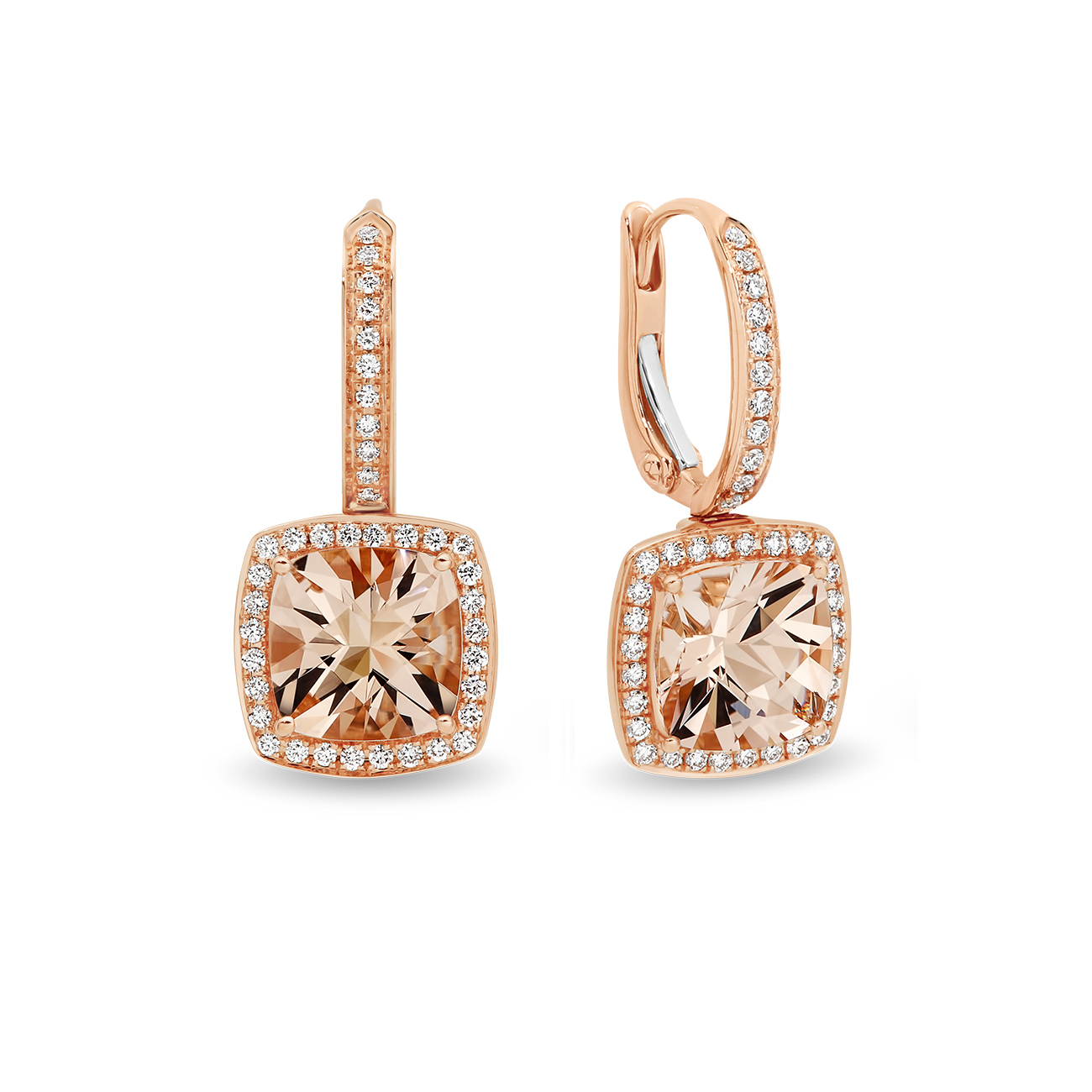 Tycoon Cushion Morganite &#038; Diamond Halo Drop Earrings