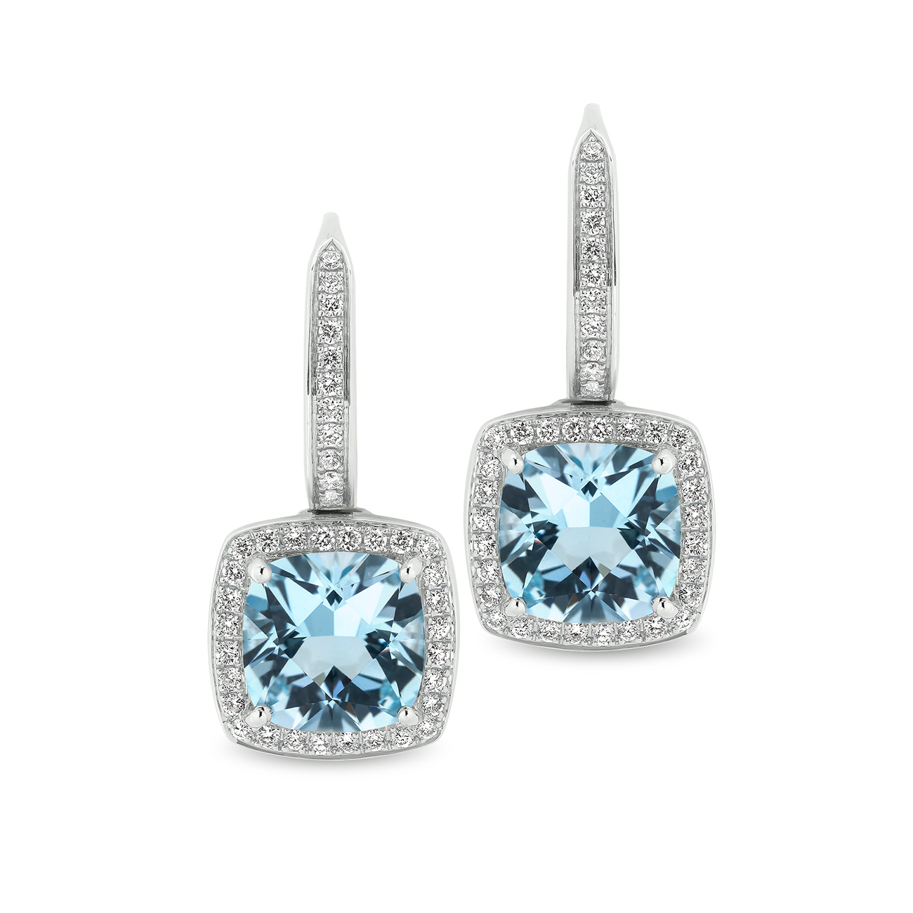 Tycoon Cushion Blue Topaz &#038; Diamond Halo Drop Earrings In 18K White Gold
