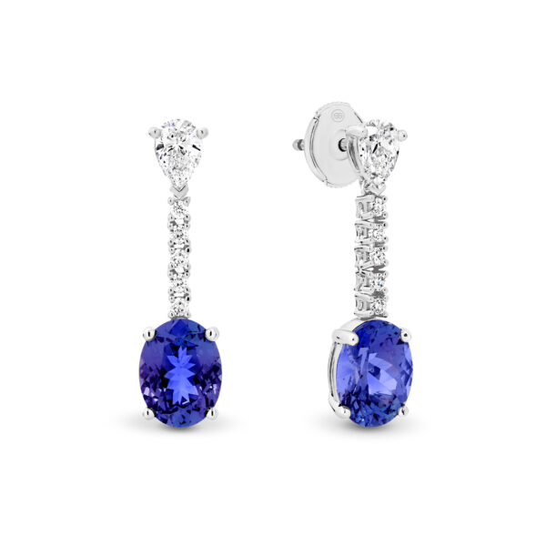 TE1941-1-WG – 18K White Gold Tanzanite and Diamond Drop Earrings with Oval, Pear, and Round Brilliant Cut Stones