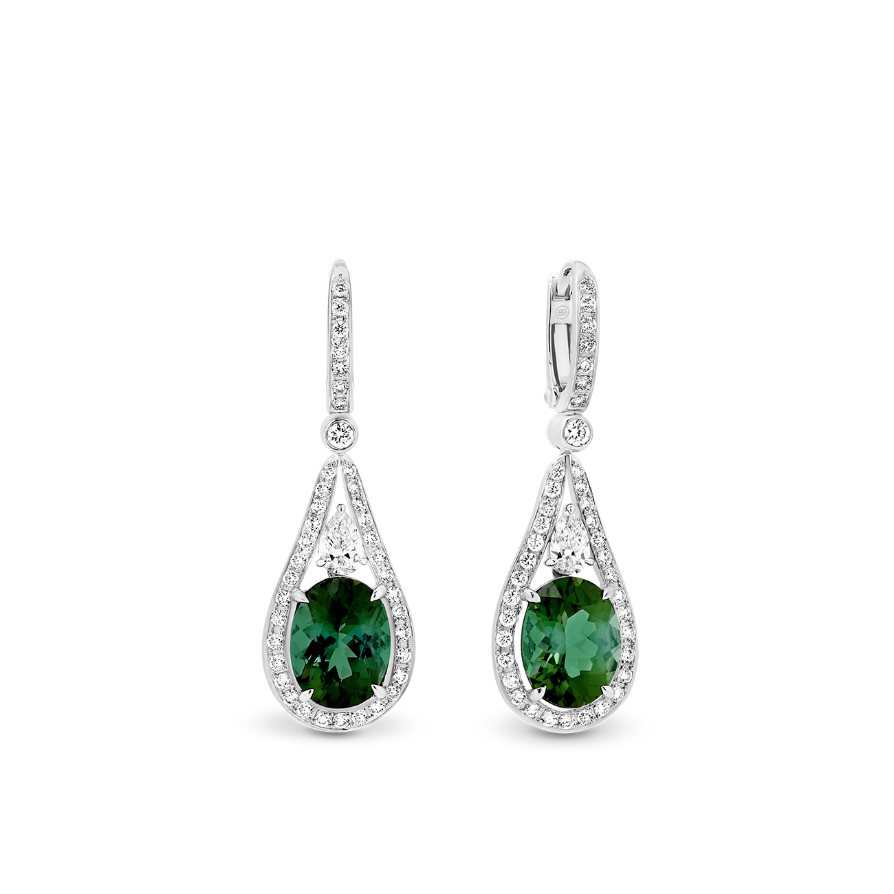 18K White Gold Green Tourmaline &#038; Diamond Fancy Halo Drop Earrings