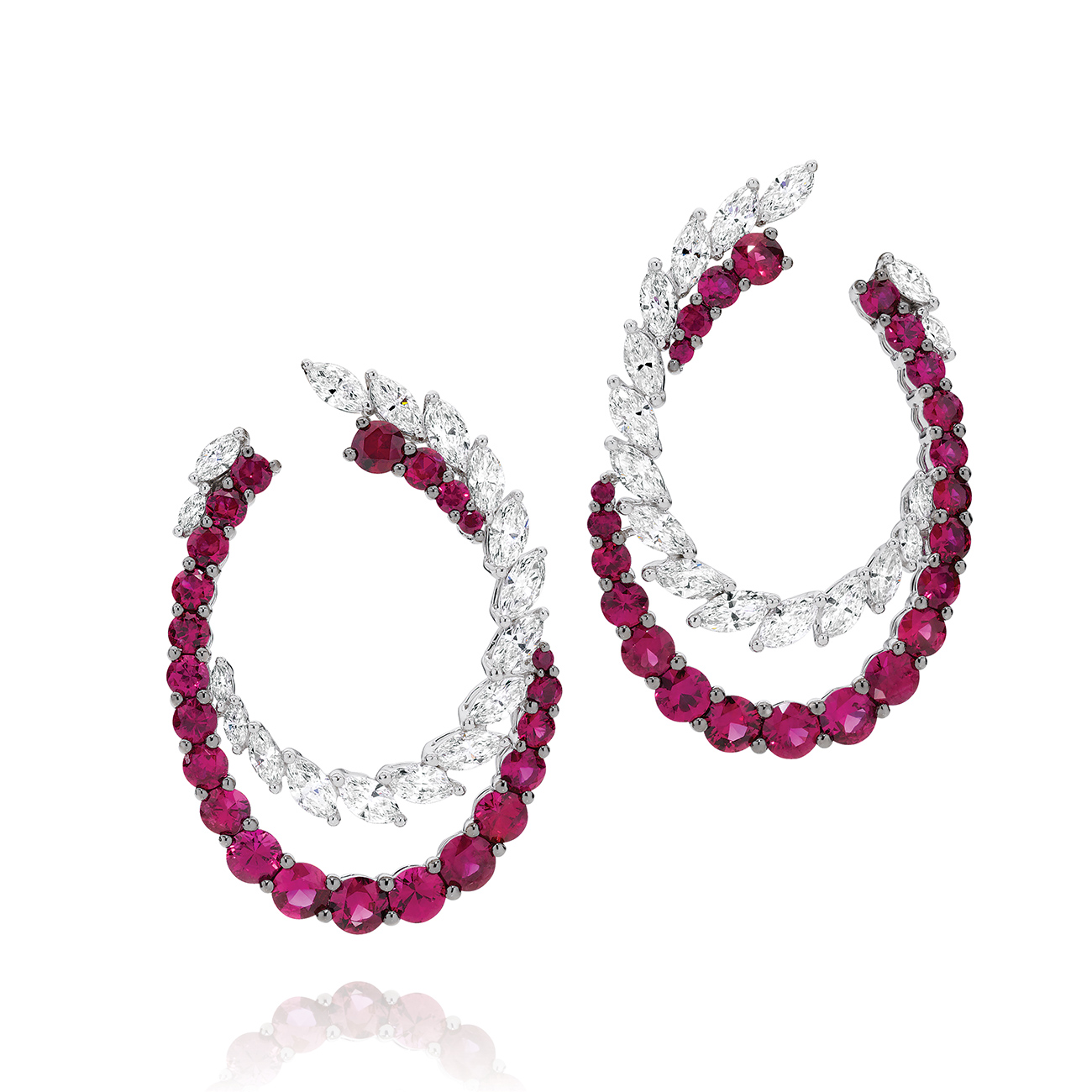 Ruby &#038; Diamond Cocktail Hoop Earrings In 18K White Gold