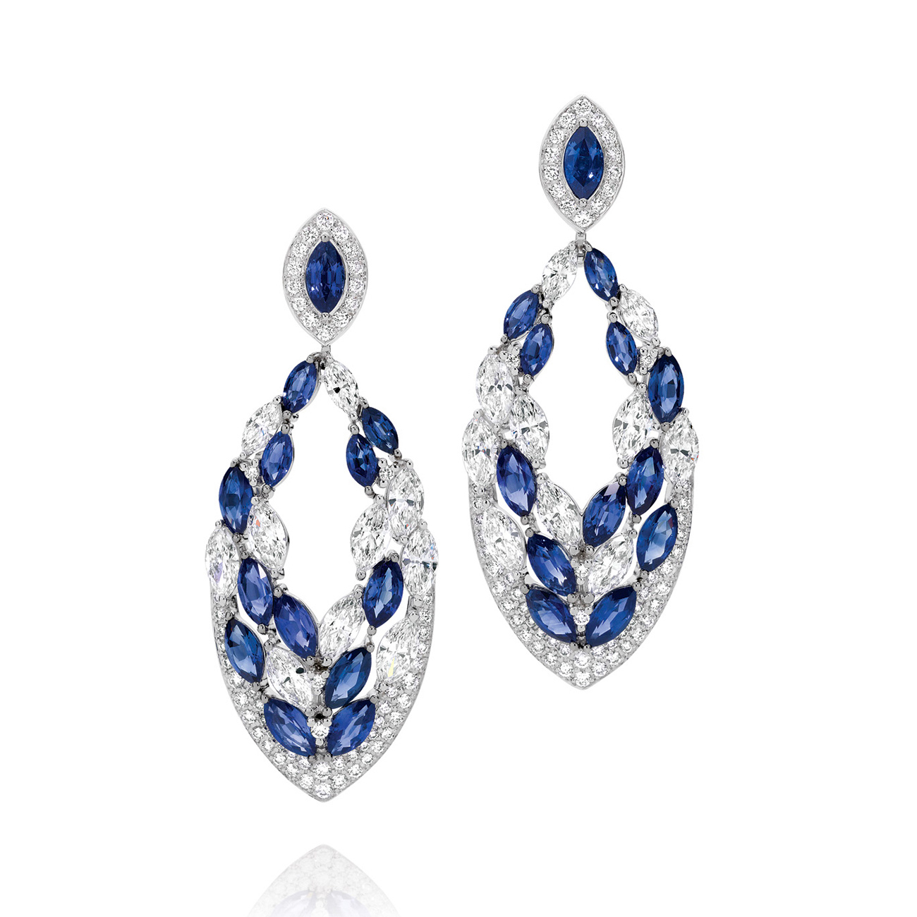 Blue Sapphire and Diamond Drop Earrings In 18K White Gold