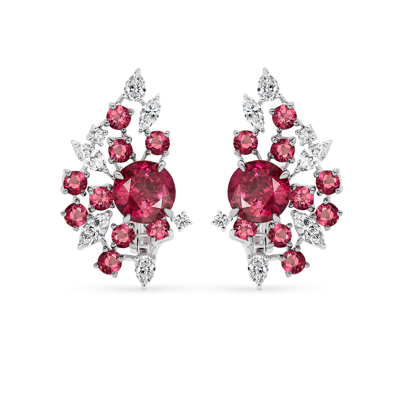 Rubellite &#038; Diamond Round &#038; Marquise Cocktail Earrings In 18K White Gold