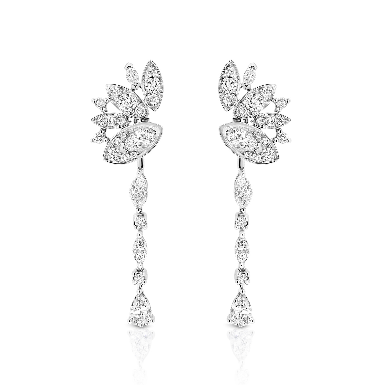 Marquise & Round Diamond Pave Feather Earrings In 18K White Gold