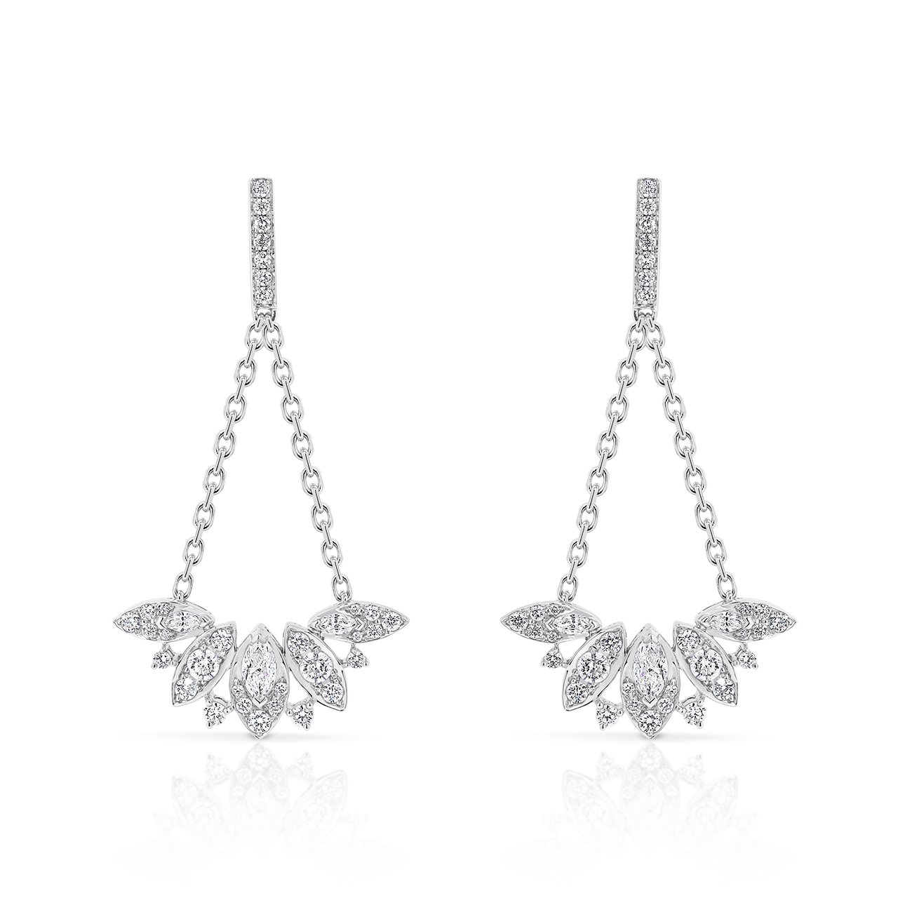 Marquise & Round Pave Diamond Chain Earrings In 18K White Gold