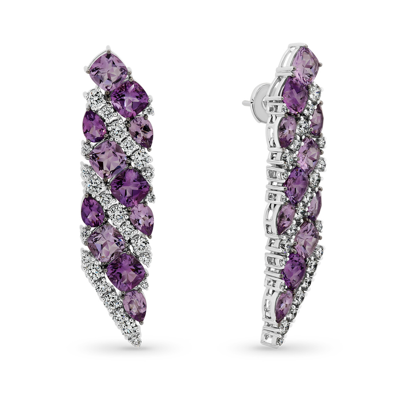 Amethyst &#038; Diamond Fancy Drop Earrings In 18K White Gold