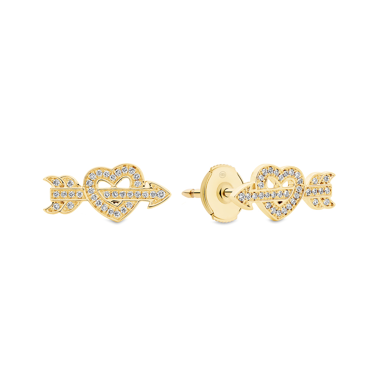 18K Yellow Gold Diamond Heart & Arrow Stud Earrings