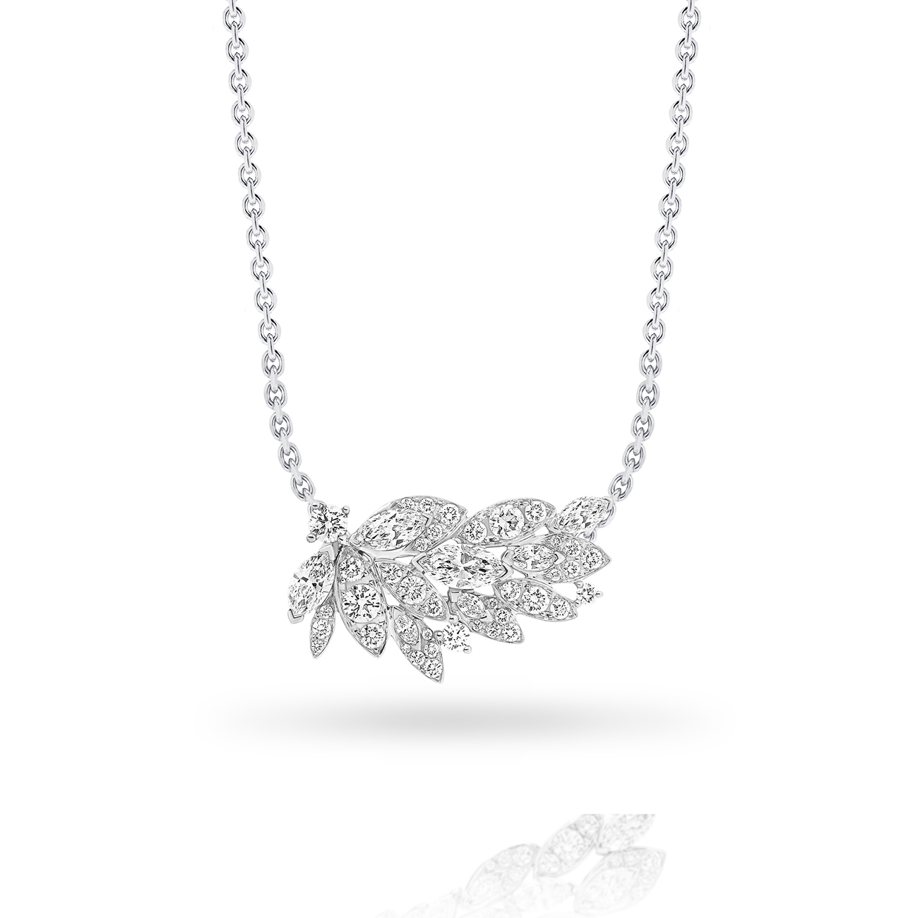 Marquise &#038; Round Pave Diamond Feather Necklace In 18K White Gold