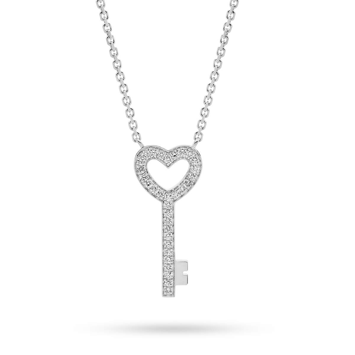 18K White Gold Diamond Heart Key Necklace