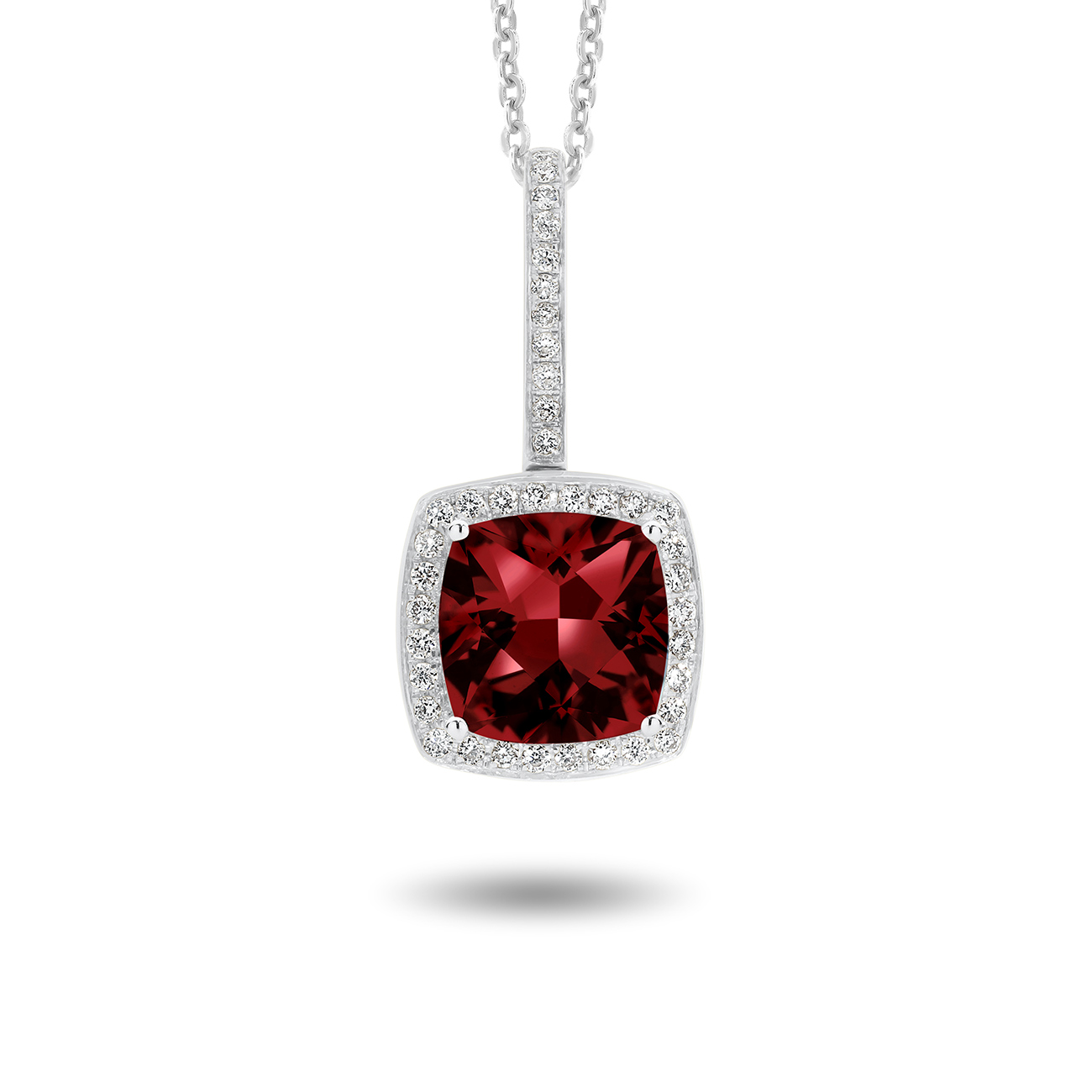 18K White Gold Tycoon Cushion Garnet &#038; Diamond Halo Pendant