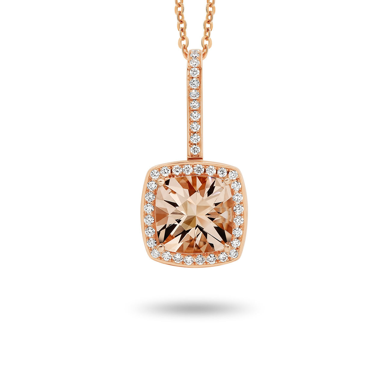 Tycoon Cushion Morganite & Diamond Halo Pendant In 18K Rose Gold