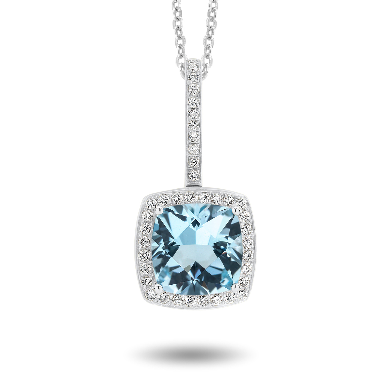 Tycoon Cushion Blue Topaz &#038; Diamond Halo Pendant In 18K White Gold