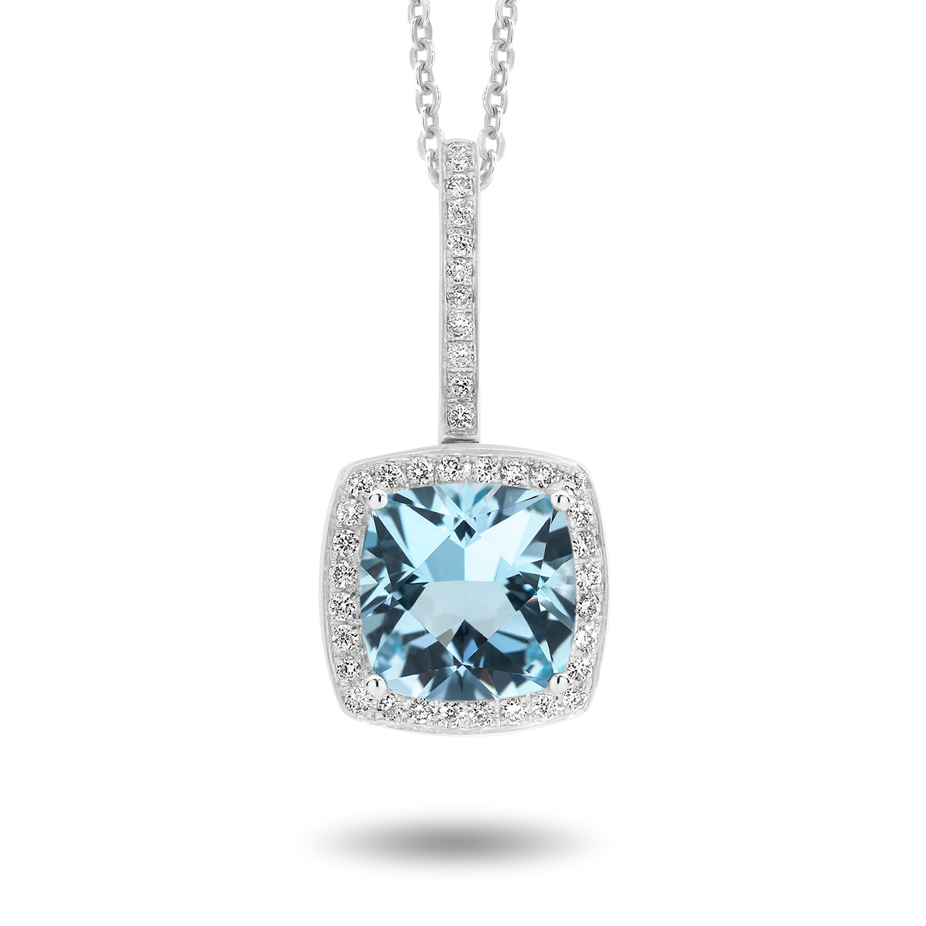 Tycoon Cushion Blue Topaz & Diamond Halo Pendant In 18K White Gold