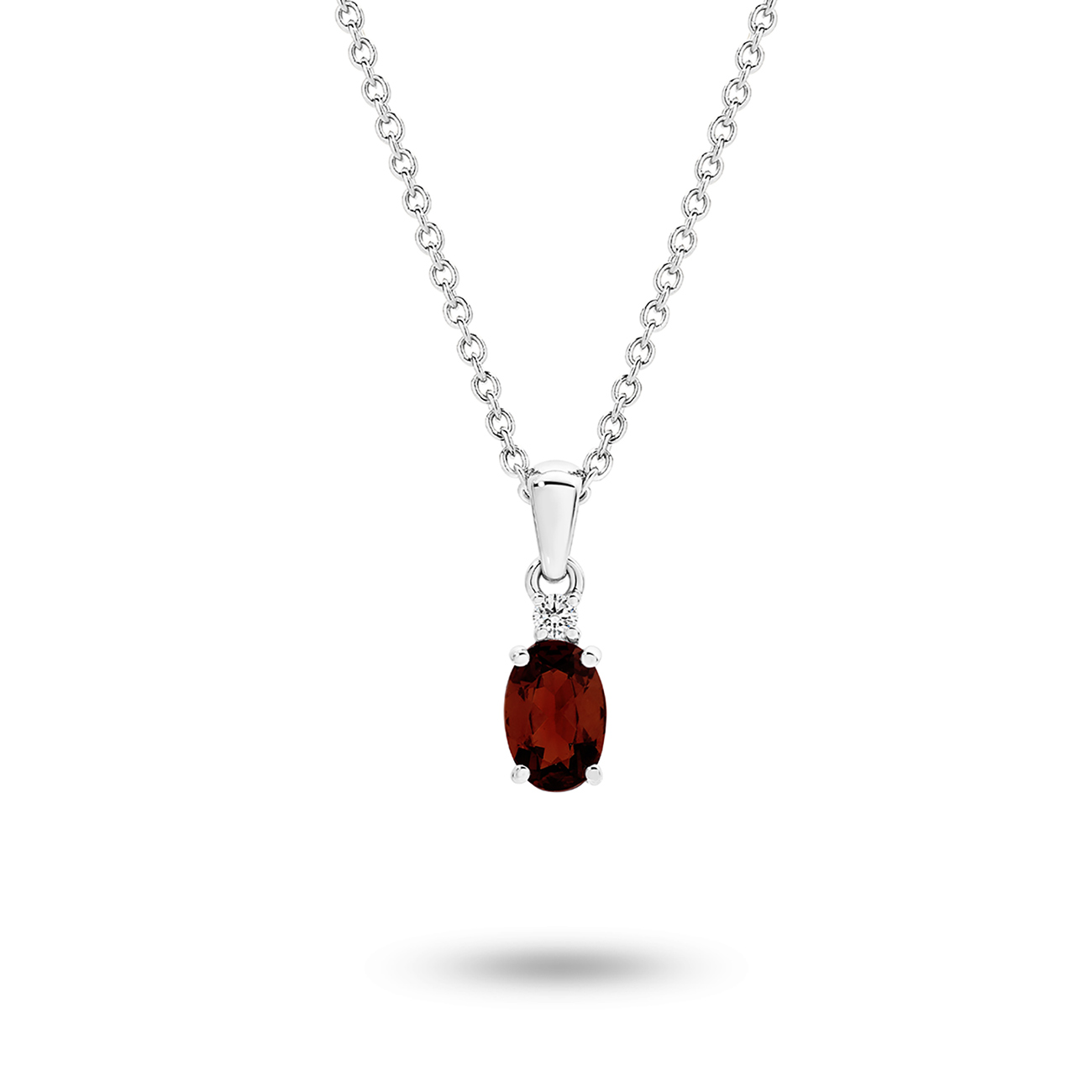 18K White Gold Oval Shape Garnet &#038; Diamond Drop Pendant
