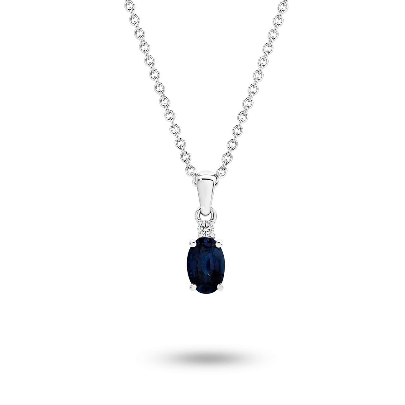 18K White Gold Oval Shape Blue Sapphire &#038; Diamond Drop Pendant
